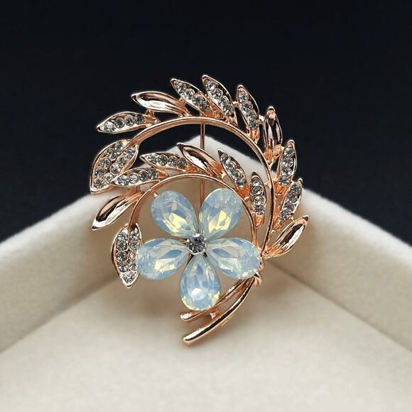 Rose Gold with White Diamond and Opal Crystal Flower and Leaf Pin Back Brooch - Picture 3 of 9
